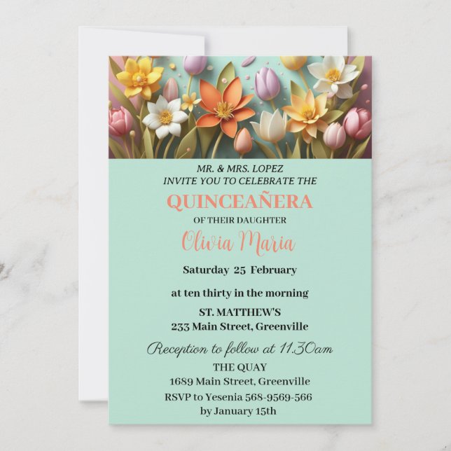 Cherry Blossoms Rose Gold Butterflies Quinceañera  Invitation (Front)