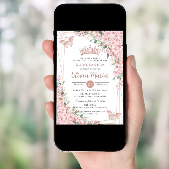 Cherry Blossoms Rose Gold Butterflies Quinceañera Invitation (Front Digital)
