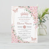 Cherry Blossoms Rose Gold Butterflies Quinceañera Invitation (Standing Front)