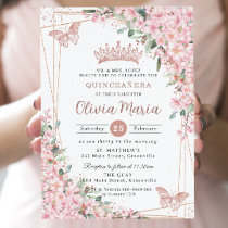 Cherry Blossoms Rose Gold Butterflies Quinceañera Invitation