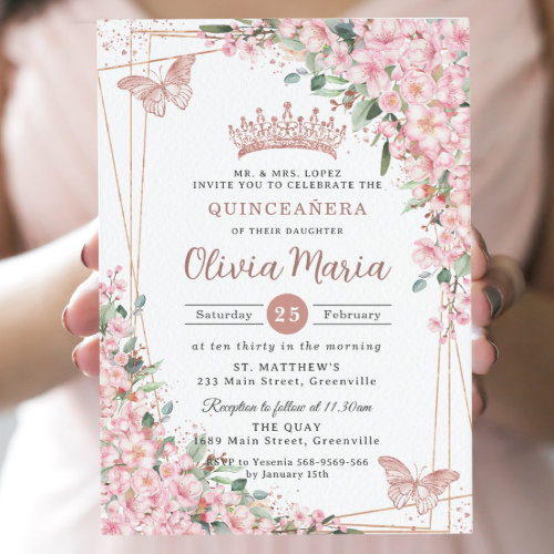 Cherry Blossoms Rose Gold Butterflies Quinceaera Invitation
