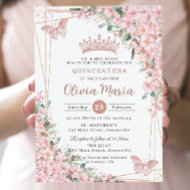 Cherry Blossoms Rose Gold Butterflies Quinceañera Invitation