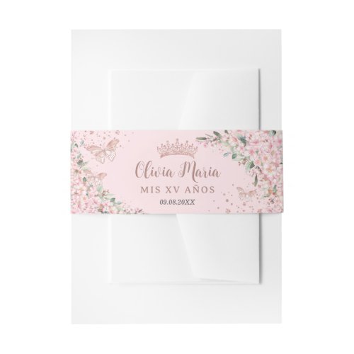 Cherry Blossoms Rose Gold Butterflies Quinceanera Invitation Belly Band