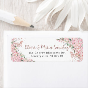 Cherry Blossoms Rose Gold Butterflies Quinceanera Label