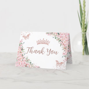 Cherry Blossoms Rose Gold Butterflies Quinceañera Letterpress Thank You Card