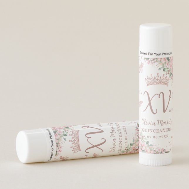 Cherry Blossoms Rose Gold Butterflies Quinceanera  Lip Balm (Front)