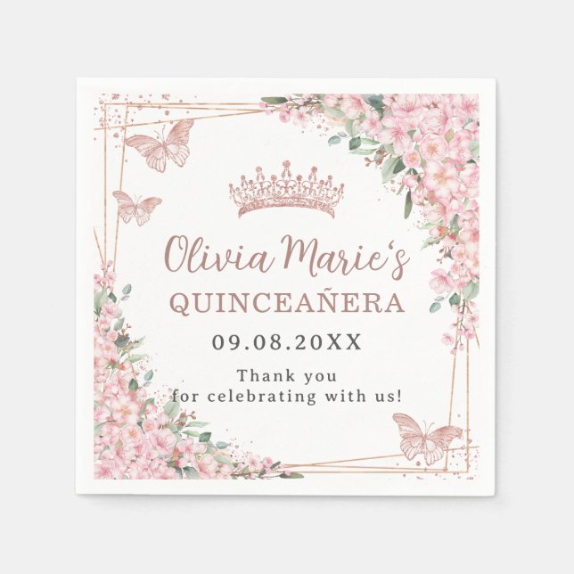 Cherry Blossoms Rose Gold Butterflies Quinceanera Napkins (Front)