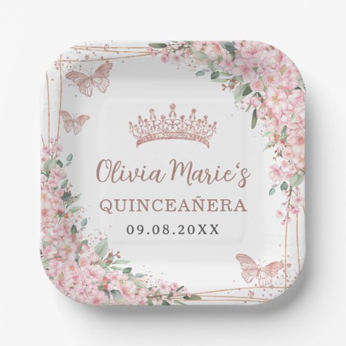 Cherry Blossoms Rose Gold Butterflies Quinceanera Paper Plates