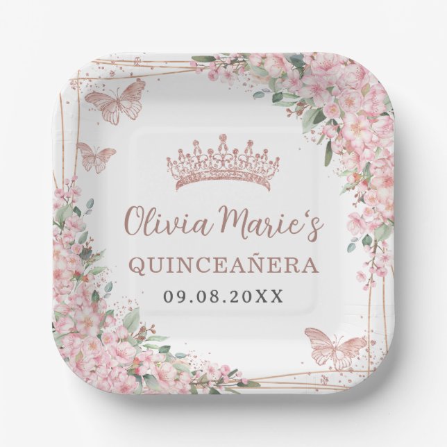 Cherry Blossoms Rose Gold Butterflies Quinceanera Paper Plates (Front)