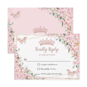 Cherry Blossoms Rose Gold Butterflies Quinceañera RSVP Card