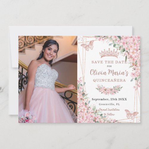Cherry Blossoms Rose Gold Butterflies Quinceaera Save The Date