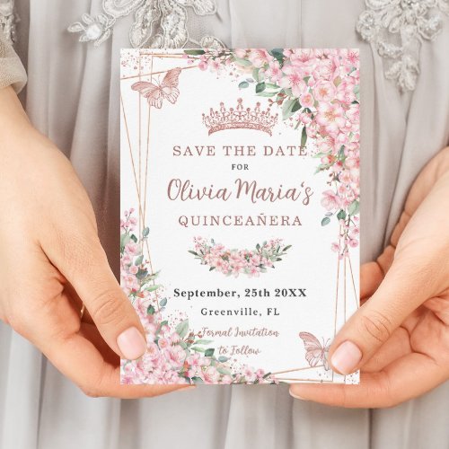 Cherry Blossoms Rose Gold Butterflies Quinceaera Save The Date
