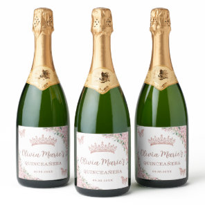 Cherry Blossoms Rose Gold Butterflies Quinceañera Sparkling Wine Label