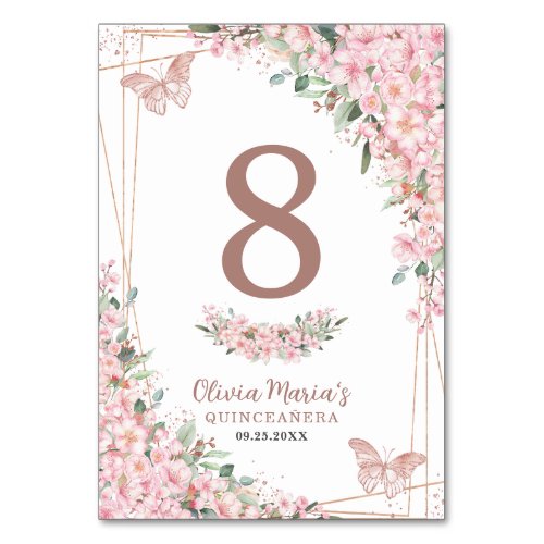 Cherry Blossoms Rose Gold Butterflies Quinceaera Table Number