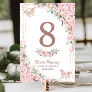 Cherry Blossoms Rose Gold Butterflies Quinceañera Table Number
