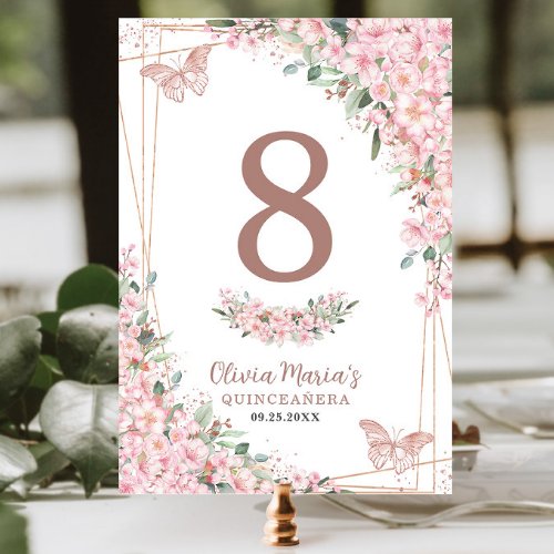 Cherry Blossoms Rose Gold Butterflies Quinceaera Table Number