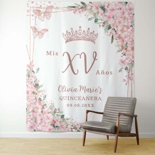 Cherry Blossoms Rose Gold Butterflies Quinceaera Tapestry