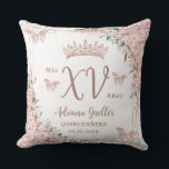 Cherry Blossoms Rose Gold Butterflies Quinceanera Throw Pillow<br><div class="desc">Personalize this elegant blush floral Quinceañera / Sweet 16 birthday throw pillow easily and quickly. Simply click the Edit Using Design Tools button to further edit the texts, change fonts and fonts colors. Featuring beautiful watercolor cherry blossoms flowers, rose gold butterflies and a rose gold geometric frame. Add your quince...</div>