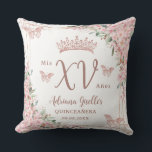 Cherry Blossoms Rose Gold Butterflies Quinceanera Throw Pillow<br><div class="desc">Personalize this elegant blush floral Quinceañera / Sweet 16 birthday throw pillow easily and quickly. Simply click the Edit Using Design Tools button to further edit the texts, change fonts and fonts colors. Featuring beautiful watercolor cherry blossoms flowers, rose gold butterflies and a rose gold geometric frame. Add your quince...</div>
