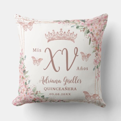 Cherry Blossoms Rose Gold Butterflies Quinceanera Throw Pillow