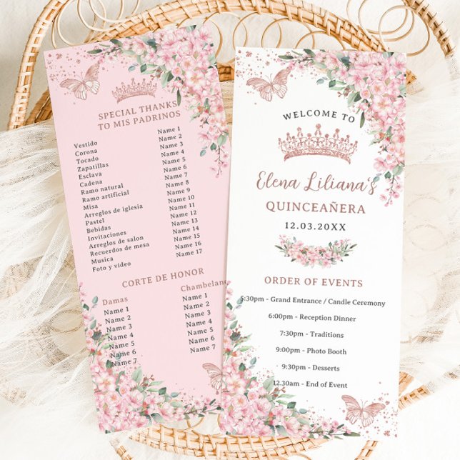 Cherry Blossoms Rose Gold Butterflies Slim Program (quinceanera-slim-events-program-cards-blush-pink-cherry-blossoms-flowers-sakura-floral-butterflies)