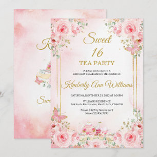  Cherry Blossoms Rose Gold Butterflies Sweet 16  Invitation