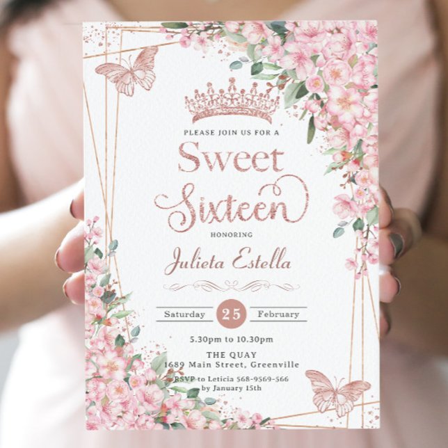 Cherry Blossoms Rose Gold Butterflies Sweet 16 Invitation (Creator Uploaded)