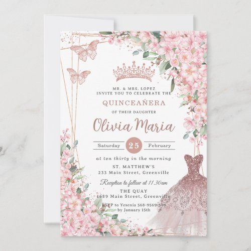 Cherry Blossoms Rose Gold Dress Gown Quinceaera Invitation