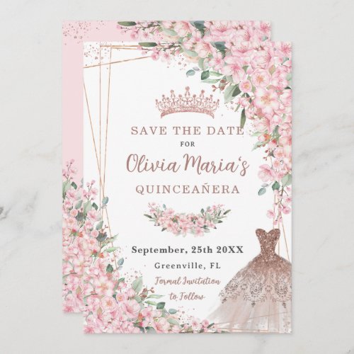 Cherry Blossoms Rose Gold Dress Gown Quinceaera Save The Date