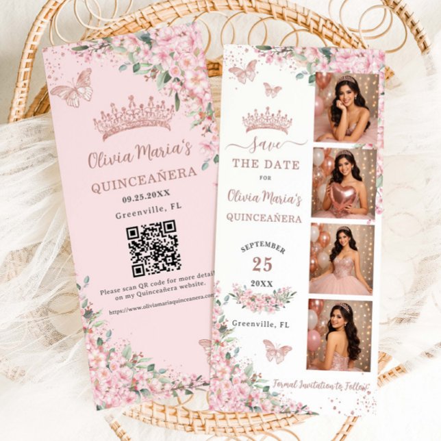 Cherry Blossoms Rose Gold Photo Booth Quinceanera  Save The Date (Creator Uploaded)