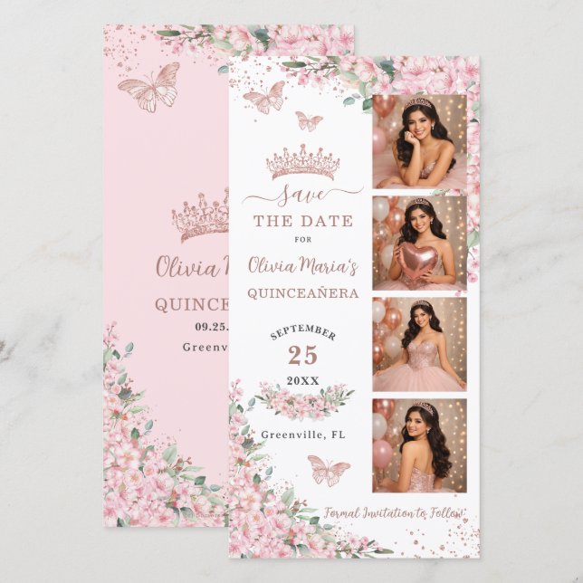 Cherry Blossoms Rose Gold Photo Booth Quinceanera Save The Date (Front/Back)