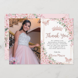 Cherry Blossoms Rose Gold Quinceañera 16th Photo Thank You Card