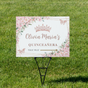 Cherry Blossoms Rose Gold Quinceañera Garden Yard Sign