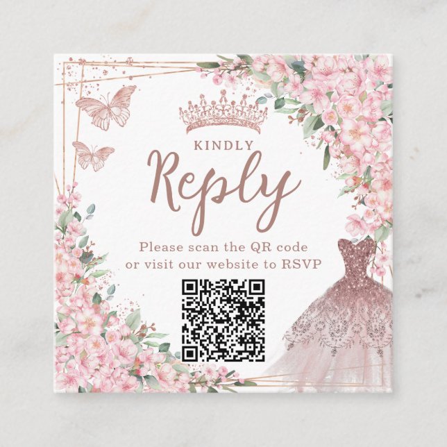 Cherry Blossoms Rose Gold Quinceañera QR Code Enclosure Card (Front)