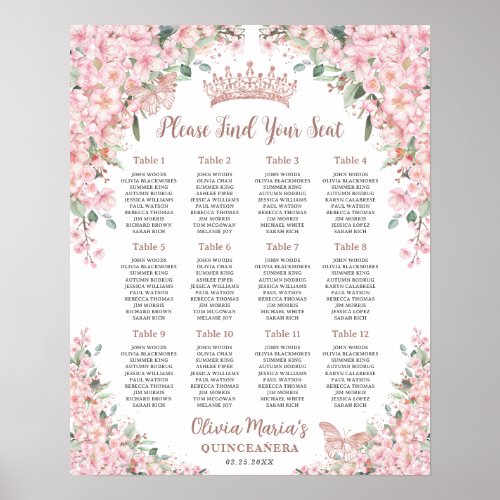 Cherry Blossoms Rose Gold Quinceanera Seating Poster