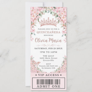 Cherry Blossoms Rose Gold Quinceañera VIP Ticket Invitation