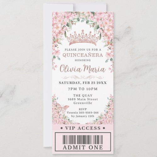 Cherry Blossoms Rose Gold Quinceaera VIP Ticket Invitation