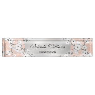 Cherry Blossoms Rose Gold Silver Desk Name Plate
