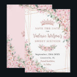 Cherry Blossoms Rose Gold Sweet 16 Quinceañera Save The Date<br><div class="desc">Personalize this pretty cherry blossoms Quinceañera / Sweet 16 birthday save the date easily and quickly. Simply click the customize it further button to edit the texts, change fonts and fonts colors. Featuring beautiful watercolor cherry blossoms flowers and a rose gold geometric frame. Matching items available in store. (c) Somerset...</div>