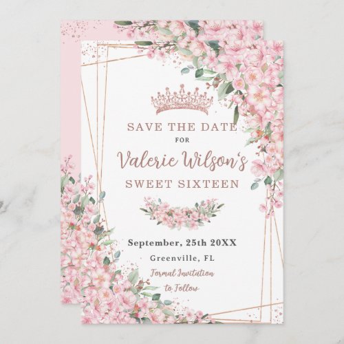 Cherry Blossoms Rose Gold Sweet 16 Quinceaera Save The Date