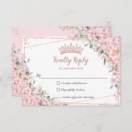 Cherry Blossoms Rose Gold Sweet 16 Quinceaera XV RSVP Card