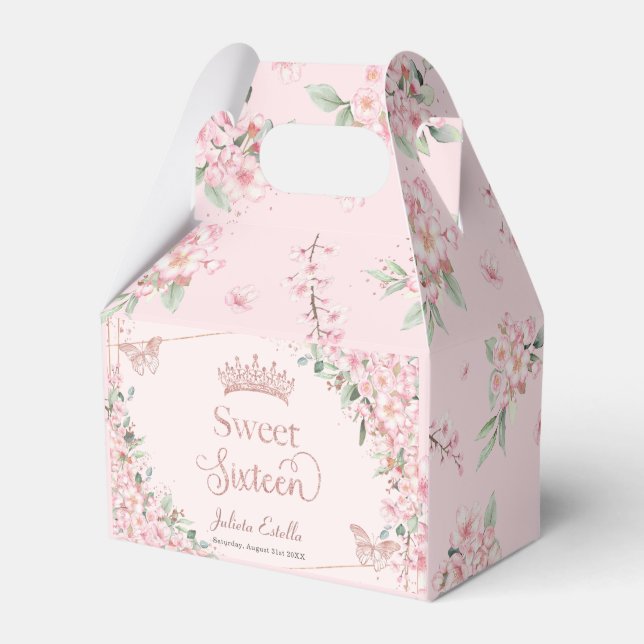 Cherry Blossoms Rose Gold Sweet Sixteen Birthday Favor Boxes (Front Side)