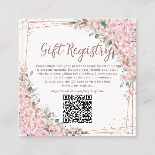 Cherry Blossoms Rose Gold Sweet Sixteen QR Gift  Enclosure Card