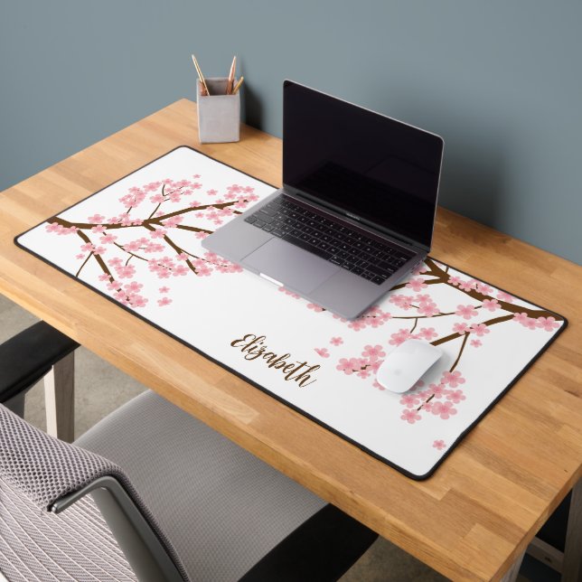 Cherry blossoms Sakura Custom Name Monogram Desk Mat (Office 2)