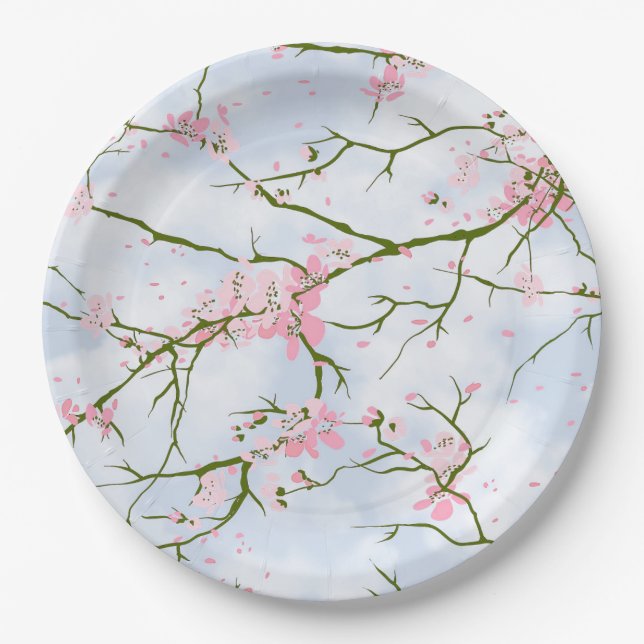Cherry blossoms Sakura Floral Garden Party Wedding Paper Plates (Front)