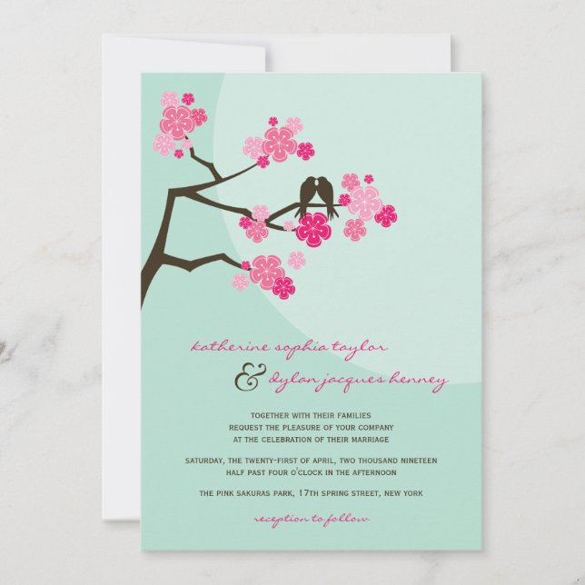 Cherry Blossoms Sakura Love Birds Wedding Invite (Front)