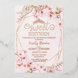Cherry Blossoms Sakura Pink Sweet 16 Rose Gold  Foil Invitation