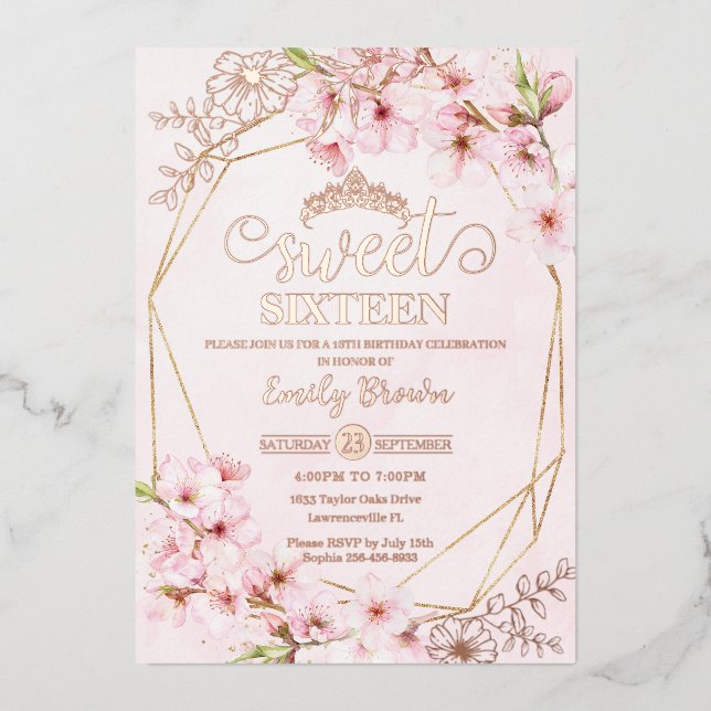 Cherry Blossoms Sakura Pink Sweet 16 Rose Gold  Foil Invitation (Front)