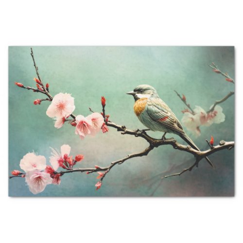 Cherry Blossoms Sparrow Turquoise Sky Bird Floral Tissue Paper