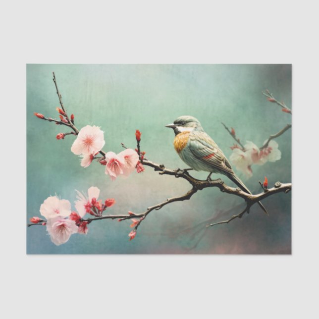 Cherry Blossoms Sparrow Turquoise Sky Bird Floral Tissue Paper (Front)